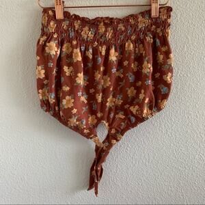 American Eagle Smocked Tie Front Crop Strapless Floral Artsy Top XS